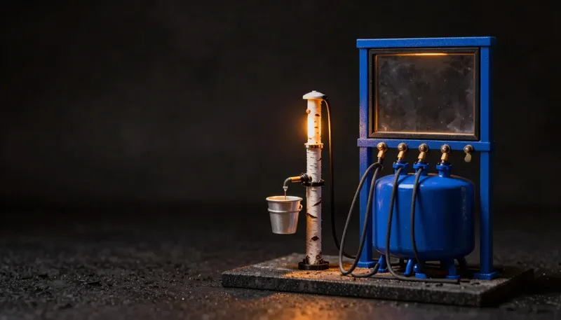 A single-basin pump handling one bucket sits beside a glowing blue multi-hose pump station running a dozen intakes at once, showing one request at a time against many requests served together.