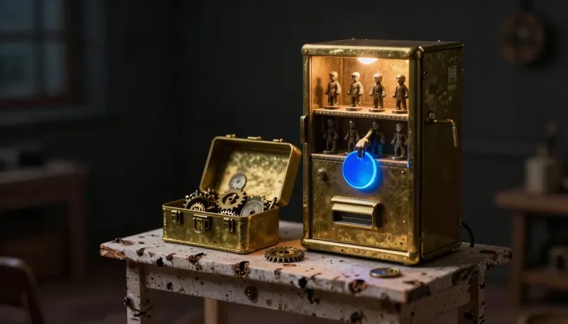 An open toolbox of rearrangeable brass gears sits beside a sealed vending cabinet dispensing a fixed glowing blue token, contrasting open-weight models you can modify with closed API models.