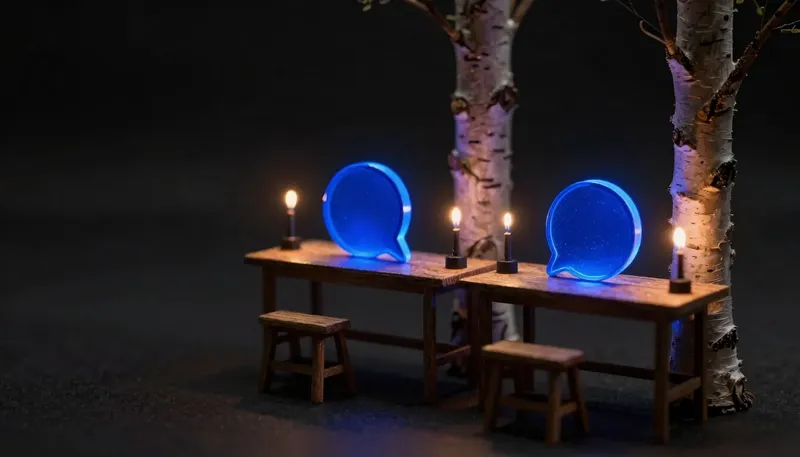 Two workbenches with figures assembling brass agent modules, one glowing blue core shaped like a chat bubble and the other like a terminal block, comparing two agent-building SDKs.