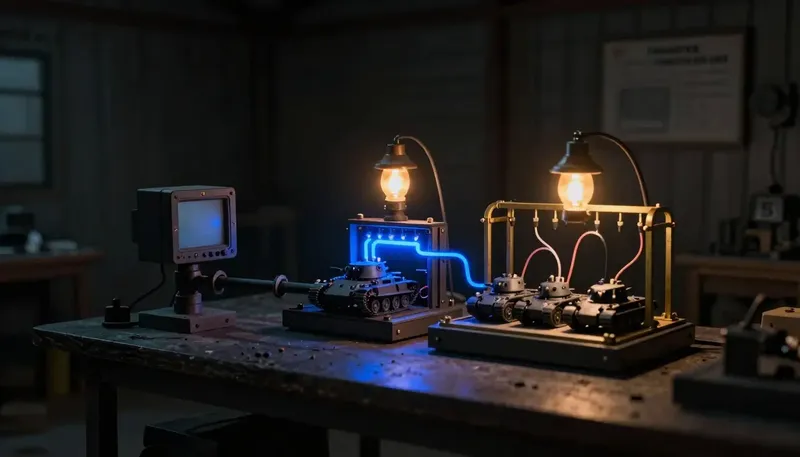 Miniature night diorama: a sealed monitor box beside an open frame wiring three model tanks, the bus bar glowing cobalt.