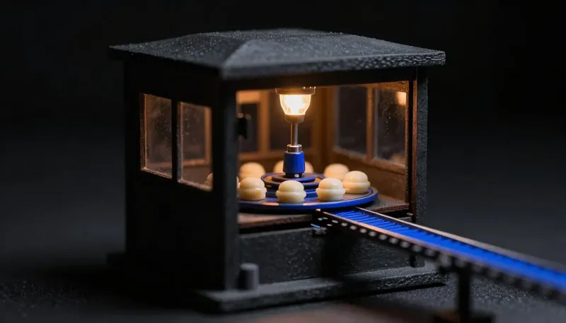 Miniature night diorama: two rival mechanisms on a clinic reception desk — a sealed kiosk and an open form-threading rail into a file carousel, the rail cobalt