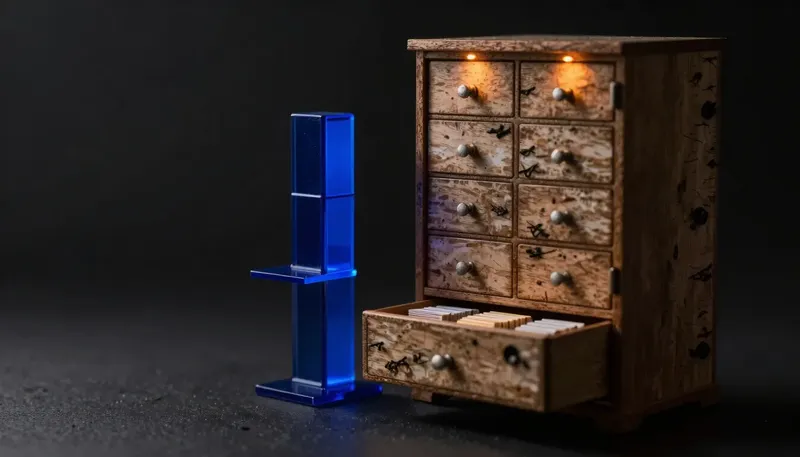 A card-index cabinet with one added cross-reference drawer sits beside a standalone glowing blue index tower with its own retrieval arm, showing a feature added to existing storage against a dedicated service built for scale.