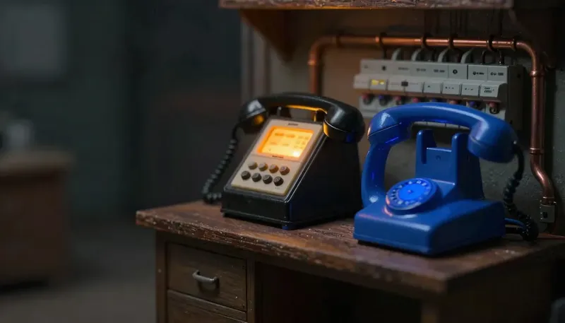 Miniature night diorama: two telephone handsets side by side on a workshop bench, one on an old amber-lit switchboard, the other docked in a cobalt cradle wired into a breaker panel and a copper manifold.