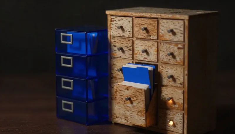 A cabinet with linked cross-reference drawers sits beside a stack of sealed boxes glowing blue, each holding one complete folder, showing related data pulled together against documents read whole.