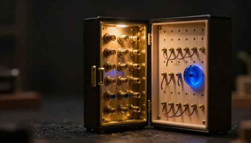 A sealed cabinet of fixed brass connector plugs sits beside an open pegboard of rearrangeable brass wires, both glowing blue, contrasting a closed enterprise automation tool with an open workflow builder.