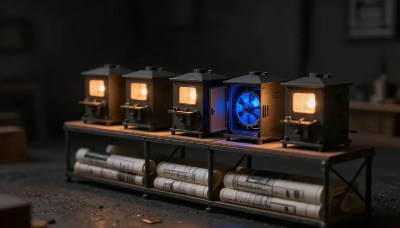 Miniature night diorama: five machine housings racked on scaffold above rolled plans, one opened with a cobalt flywheel.