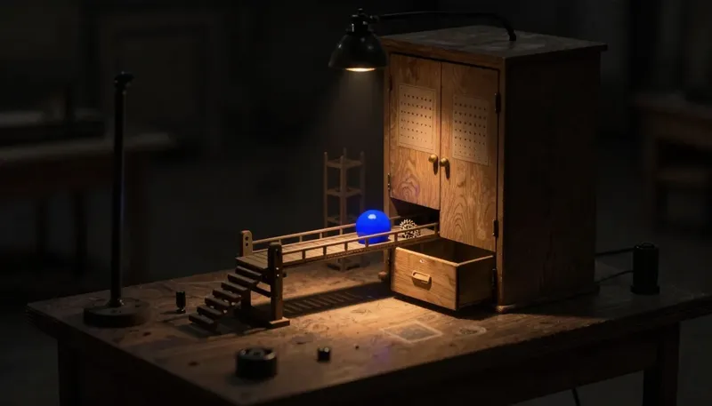 Miniature night diorama: two rival mechanisms on a plan table — a monumental sealed cabinet and a small open gear bridge linking two filing trays, the bridge cobalt, scaffold beyond