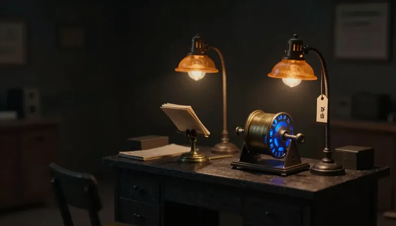 Miniature night diorama: a message spike beside a turning dispatch drum with a key tag, the ratchet glowing cobalt.