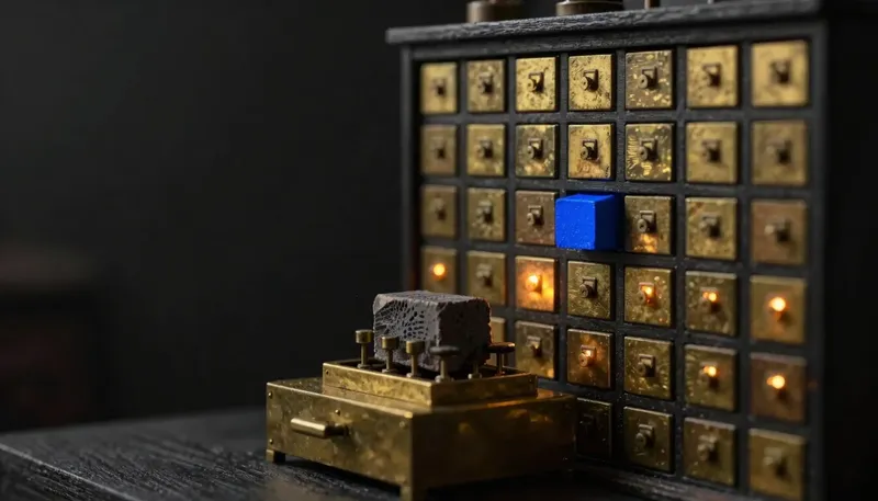 A figure pulls a glowing blue token from an indexed card-catalog drawer beside a kiln press permanently reshaping a block, contrasting retrieval-based answers with permanently retrained models.