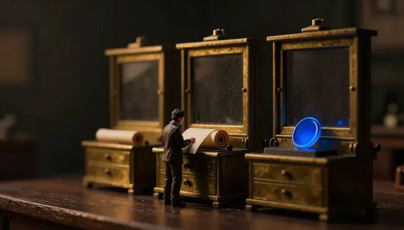 A card-catalog drawer, an unrolled brass scroll, and a kiln press stand in a row sharing one glowing blue token, contrasting three ways to give an AI model information.