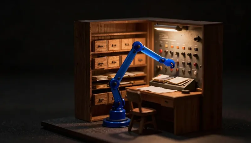 A miniature library of index drawers beside a glowing blue arm setting switches on a live control panel, comparing RAG's document lookup to MCP's direct system control.