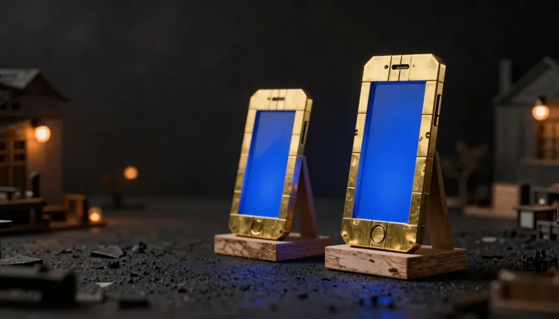 Two phone-shaped shells, one built from snap-together brass tiles and one cast as a single seamless shell, both glowing blue inside, comparing two cross-platform mobile frameworks.