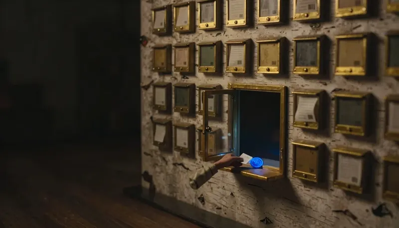 A wall of many fixed brass mail-slots sits beside one request window where a figure receives only the glowing blue tokens asked for, contrasting REST's fixed endpoints with GraphQL's custom queries.