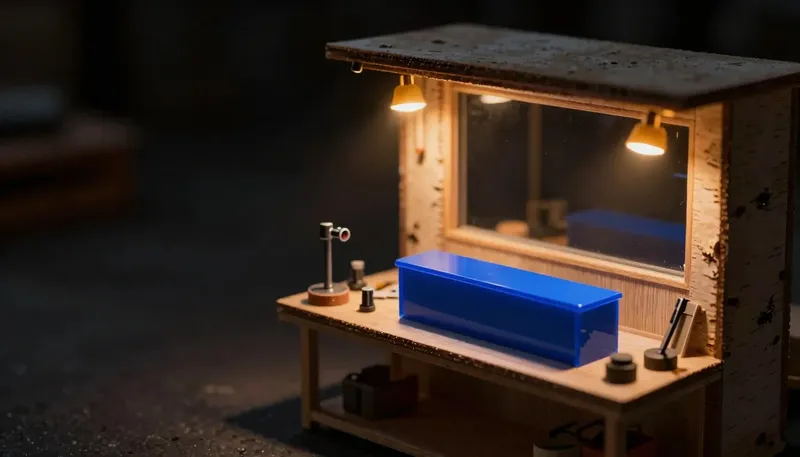 A cluttered internal workbench with quick-clamp jigs sits beside a polished storefront counter glowing blue, showing a tool built for your own team against one finished for customers to touch.