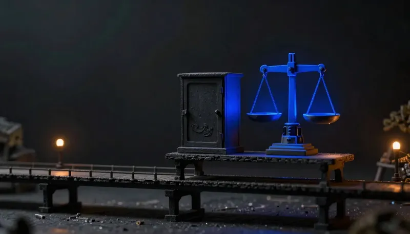 Miniature night diorama: two rival mechanisms on a bench above a weighbridge diorama — a sealed cabinet and an open scale-beam linkage glowing cobalt