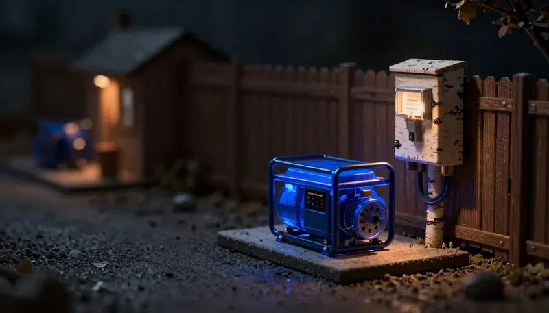 A miniature shared utility meter beside a glowing blue standalone generator on its own base, showing a managed LLM you rent against a self-hosted LLM you own.