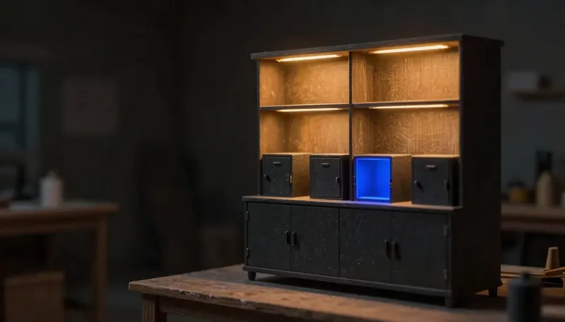 Miniature night diorama: one tall console cabinet beside four smaller kit cabinets on a workshop bench, one cabinet with a cobalt seam of light.