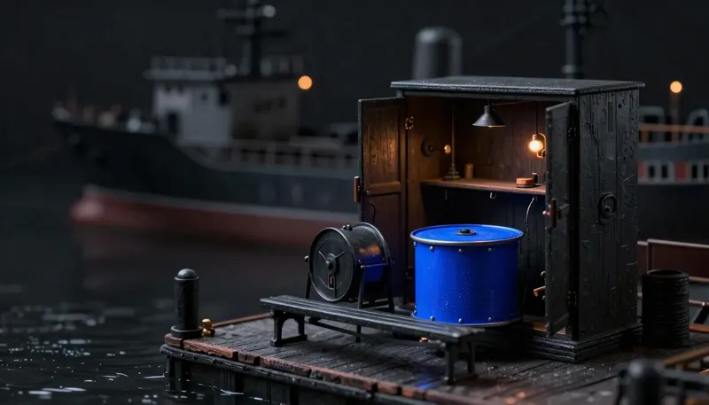 Miniature night diorama: two rival mechanisms on a dockside bench — a massive sealed cabinet and a compact open scheduling drum, the drum ringed cobalt, dry-docked hull beyond