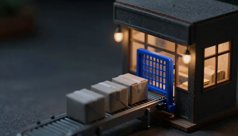 Miniature night diorama: two rival mechanisms above a parcel conveyor — a sealed storefront box and an open sorting gate meshed into the belt, the gate cobalt