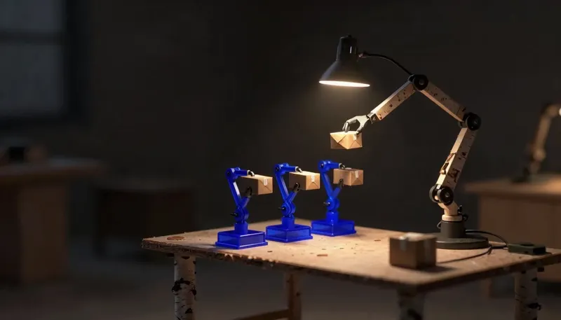 One arm managing a full task alone sits beside a glowing blue three-station relay where separate arms hand off a parcel across two junctions, showing one agent working against several that must coordinate.
