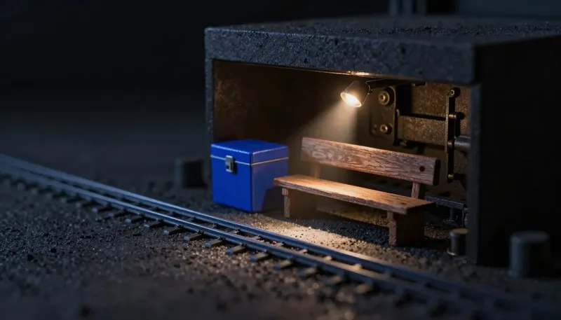 Miniature night diorama: two rival mechanisms on a bench beneath a crawlspace hatch — a sealed report box and an open checklist rail lit by a headlamp, the rail cobalt