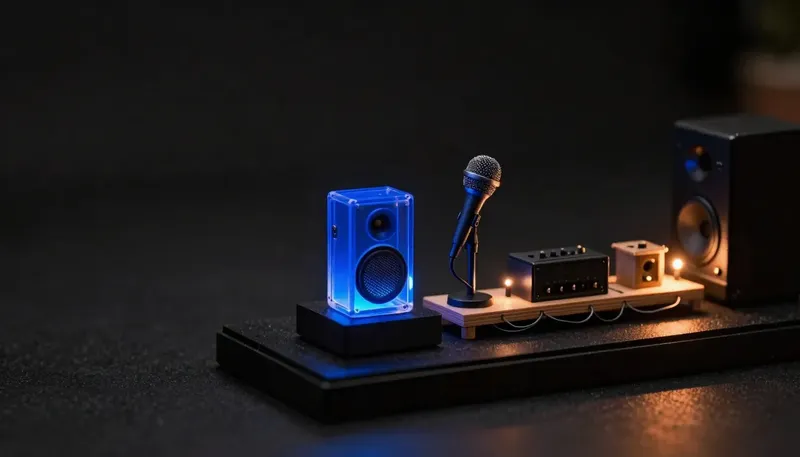 A miniature model compares a single sealed glowing blue voice capsule against a birch chain of three separate wired stations, showing a fused pipeline trading visibility for speed against a stage-by-stage one.