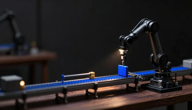 Miniature night diorama: two workbench vignettes — a single precise robotic arm docked into a larger machine, and a complete miniature assembly line, one conveyor cobalt