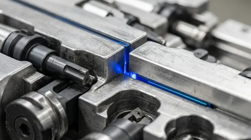 A workshop bench where two matching tool rails meet end to end, one rail's tools seated in the other's empty stations, blue light along the join.
