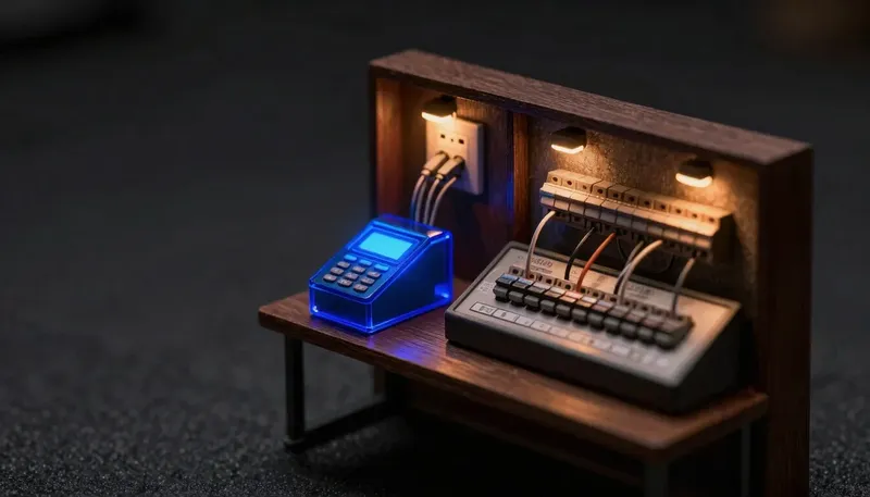 A miniature model shows a compact glowing blue plug-in payment terminal next to a larger birch control panel of manual breaker switches, contrasting an easy integration with a heavier consolidating system.