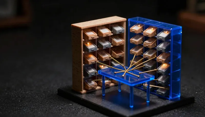 A miniature model contrasts a birch room of fast independent filing trays with a glowing blue room built around one linked ledger table, showing which system wins once records need relationships.
