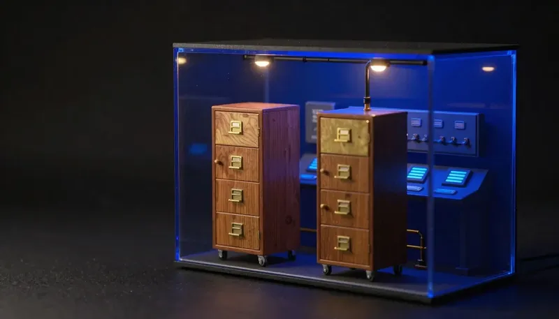 A miniature model shows the same brass filing cabinet standing bare on one side and wired into a full glowing blue control room on the other, contrasting a database alone against a database with a backend built around it.