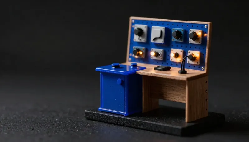 A miniature model contrasts a sealed glowing blue console with fixed controls against a birch pegboard where separate voice-agent parts can be swapped by hand, showing a closed system against a build-your-own one.