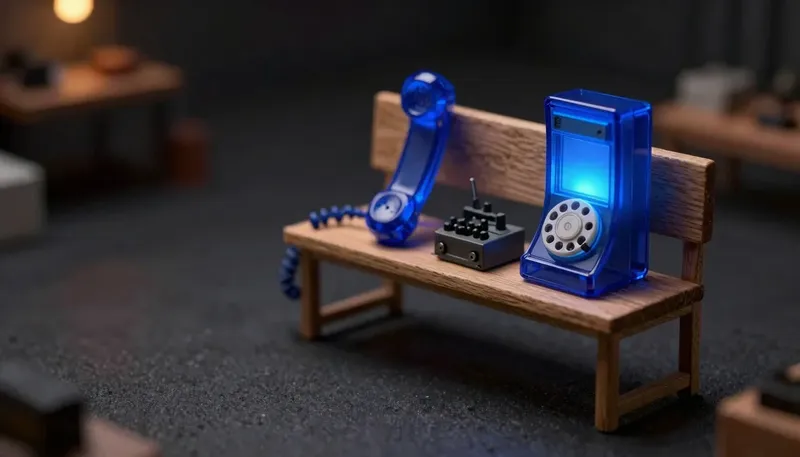 A miniature model compares a finished glowing blue phone-agent unit against a birch workbench of loose parts waiting to be assembled, contrasting a ready-made phone agent with a build-it-yourself kit.