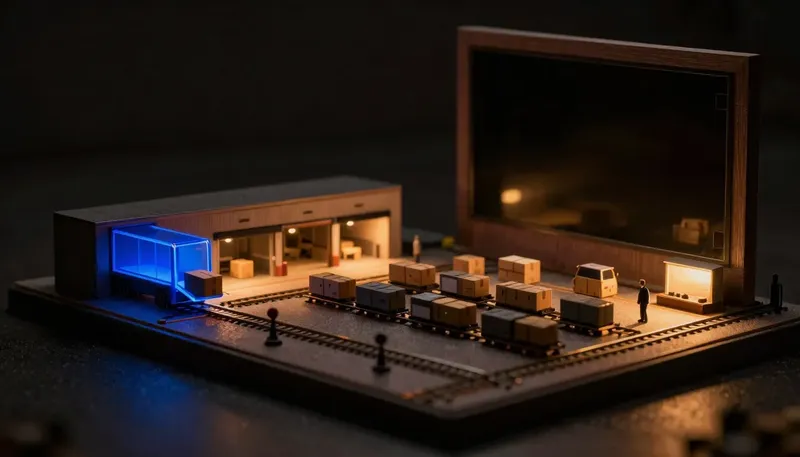 A miniature model shows a simple glowing blue automatic delivery chute beside a sprawling birch freight yard of manual switches and sheds, contrasting a simple hosting path with a fully configurable infrastructure yard.