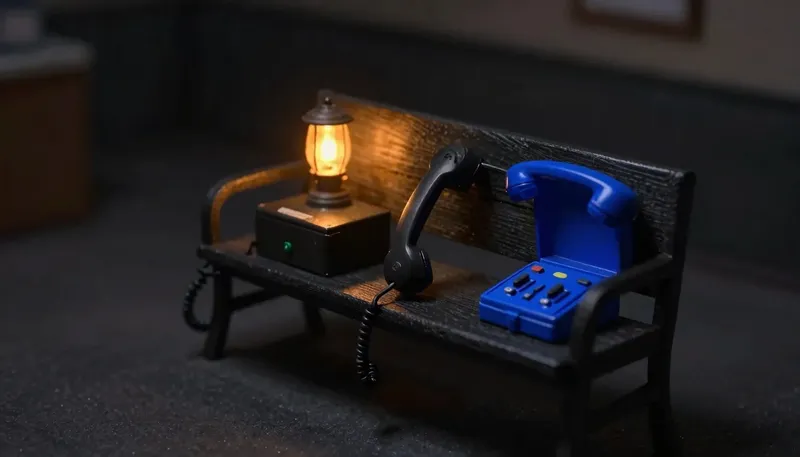 Miniature night diorama: three telephone handsets on a clinic bench — one on a plain cradle, one wired to a sealed box, one docked in an open cobalt switchboard — kennel lamps amber behind