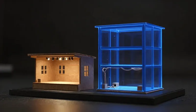 A miniature model contrasts a thin painted stage-set facade with a fully framed glowing blue building core showing joists and foundation, illustrating a demo prototype against production-grade software.