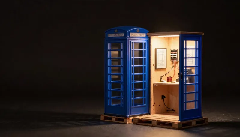 A miniature model shows a prefabricated glowing blue phone booth lifted off a pallet beside a birch booth under construction with custom wiring, contrasting a ready platform with a built-to-order voice system.