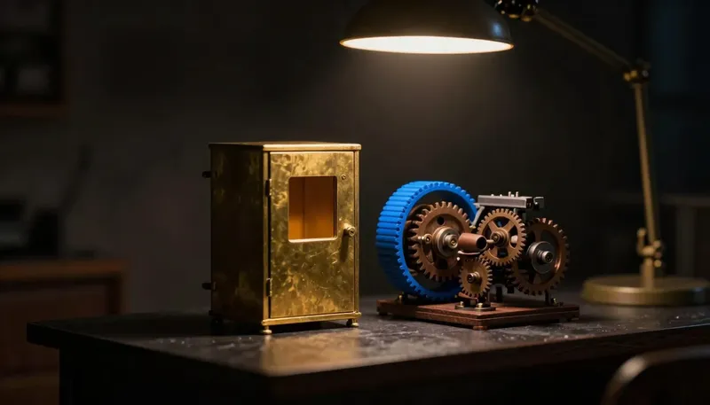 Miniature night diorama: two rival mechanisms on a dental reception counter — a sealed phone box and an open verification rail into a file carousel, the rail cobalt