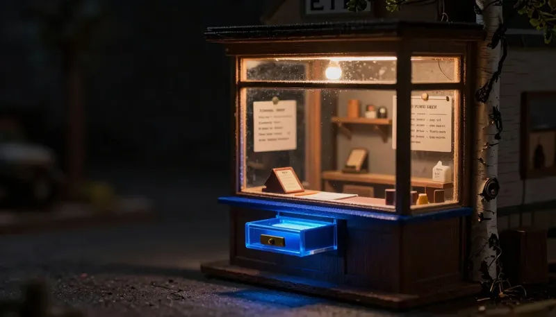 A miniature shop window with fixed printed cards next to a glowing blue counter with an order-recording ledger drawer, showing a static website against an interactive web app.