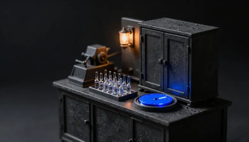 Miniature night diorama: two rival mechanisms on a treatment-room counter — a sealed cabinet and an open scheduling ring with vials on a tray, the ring cobalt