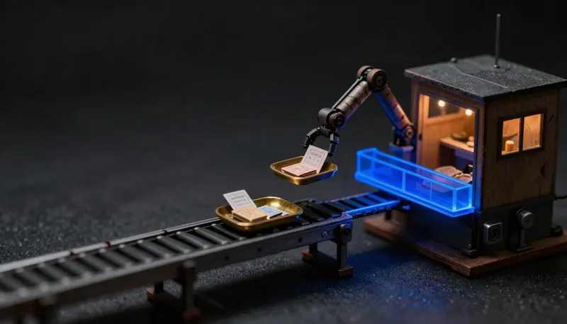 A miniature relay station shows a loaded tray of tickets passed by a glowing blue arm from one station to the next without spilling, depicting how an agent hands off a task and keeps what it knew.