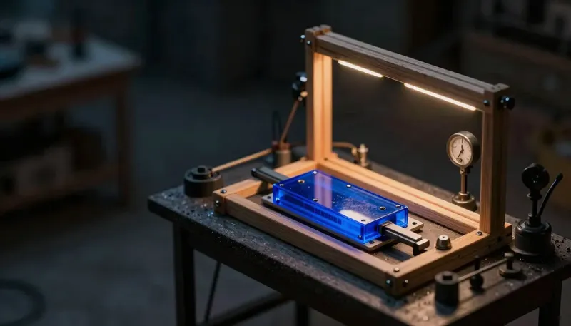 A miniature workbench shows a fixed birch frame holding a removable glowing blue power module that can be swapped while the frame stays the same, depicting an agent harness that outlasts the model plugged into it.