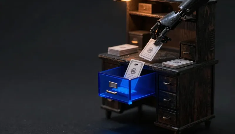 A miniature desk shows most index cards swept away while a mechanical hand files only a few chosen ones into a glowing blue drawer, depicting agent memory as what gets saved, not everything on the desk.
