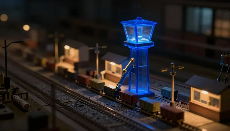 A miniature switching yard shows a glowing blue control tower routing carts down different tracks to work stations and collecting the results, depicting orchestration as deciding which agent runs and what happens to the outcome.