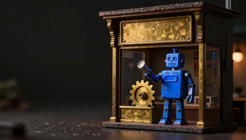 A figure repaints a robot-shaped shopfront sign with glowing blue paint while a plain unchanged gear mechanism sits underneath, illustrating a product relabeled as an AI agent without the substance.