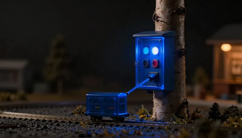 A miniature junction box shows a glowing blue decision block reading a signal and throwing its own track switch with no hand on the lever, depicting software that decides its next step and takes it.