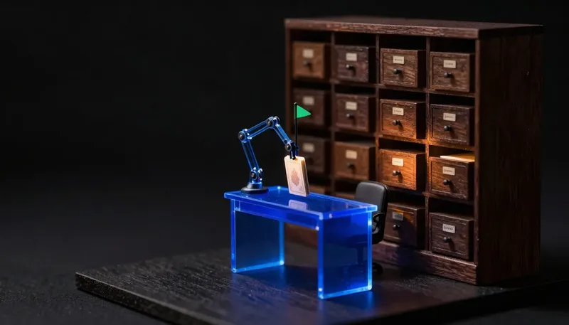 A miniature archive shows a glowing blue desk sending an arm back to the drawers again and again until enough cards are collected, depicting agentic RAG searching until it has enough, not just once.