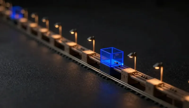 A miniature assembly line shows fixed stations in a set order with one glowing blue box making its own small choice mid-line, depicting a workflow with a fixed path where AI does one of the steps.
