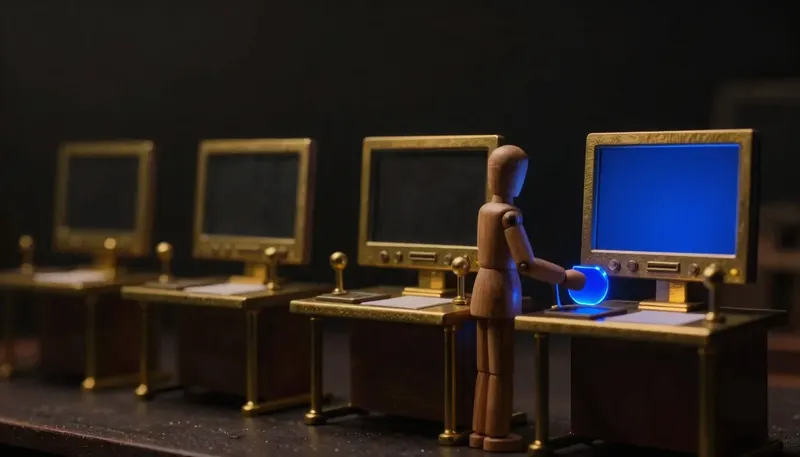 A faceless figure carries a glowing blue token between three unattended brass work-stations on its own, illustrating an AI agent acting independently through a task.