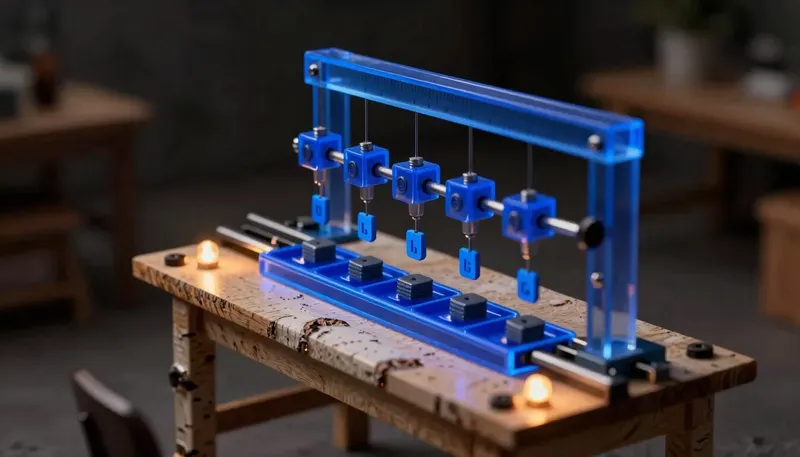 A miniature test bench where parts pass under a glowing blue multi-head gauge and drop into graded trays, showing how AI evals score outputs against several criteria at once.